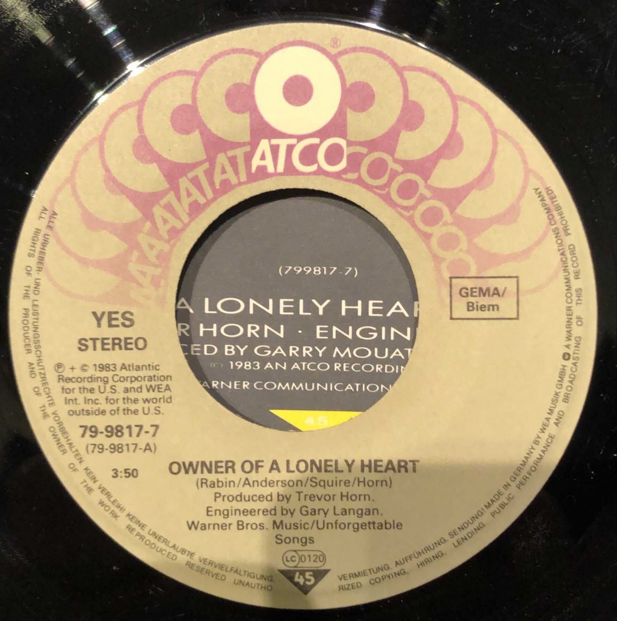 Yes ‎– Owner Of A Lonely Heart 45lik Plak - Görsel 2