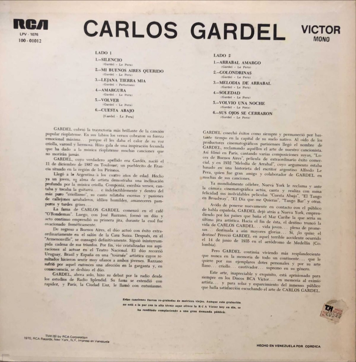 Carlos Gardel ‎– Memorias De Carlos Gardel LP Plak - Görsel 2