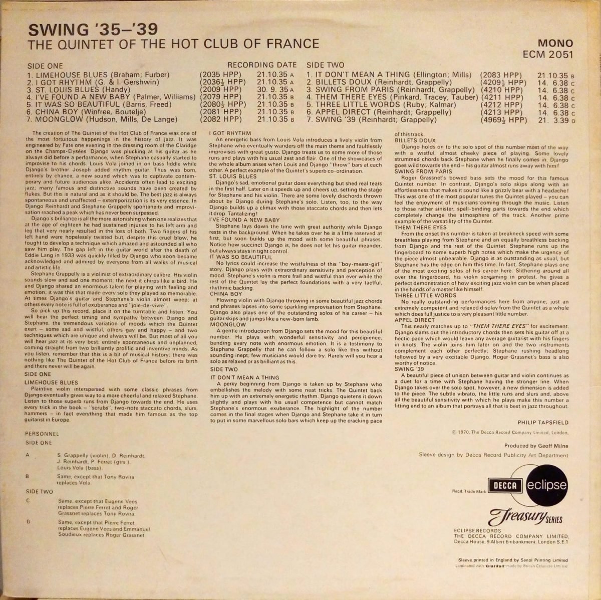 The Quintet Of The Hot Club Of France ‎– Swing '35-'39 LP Plak - Görsel 3