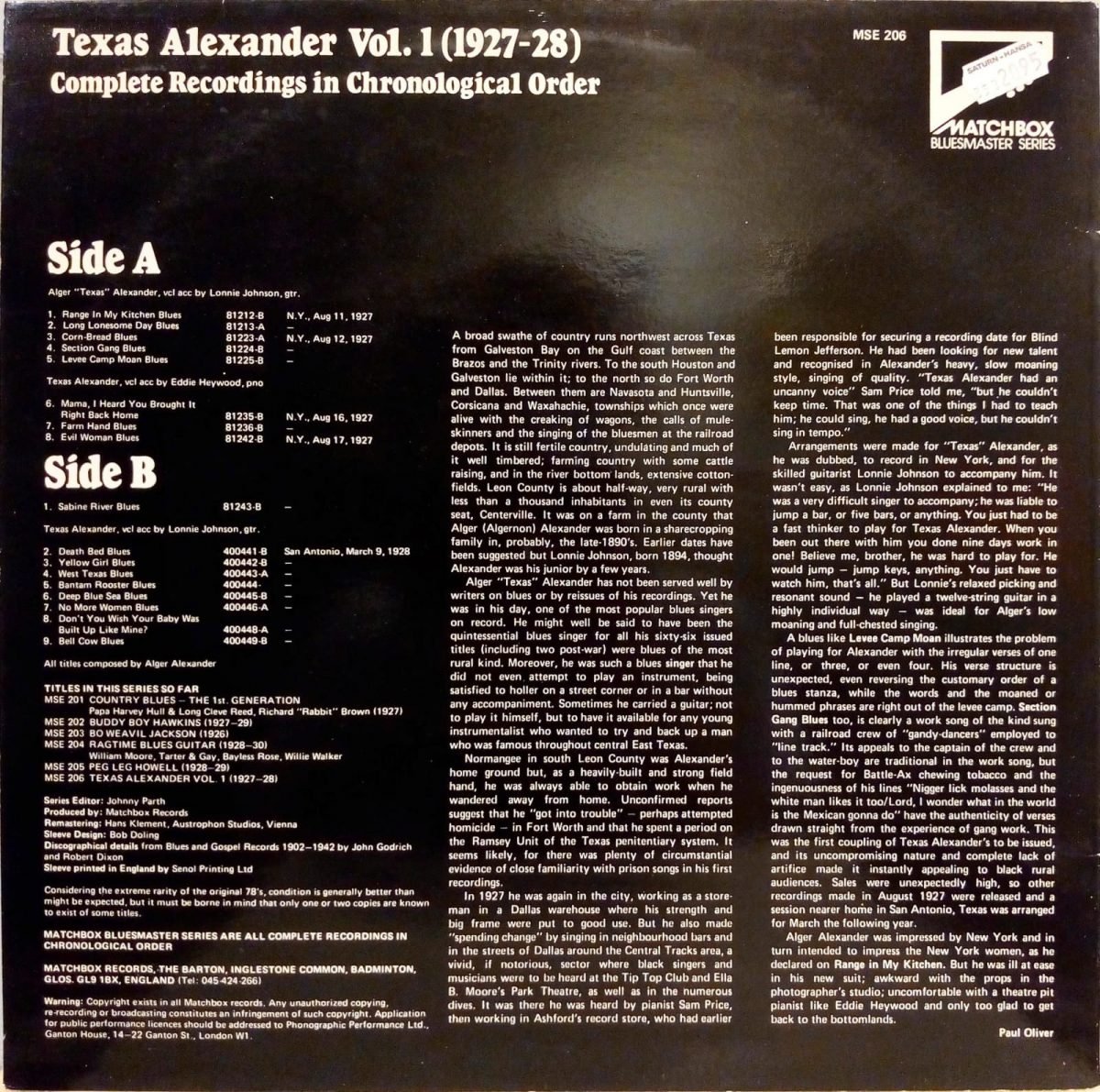 Texas Alexander ‎– Texas Alexander Vol. 1 (1927-28) LP Plak - Görsel 3