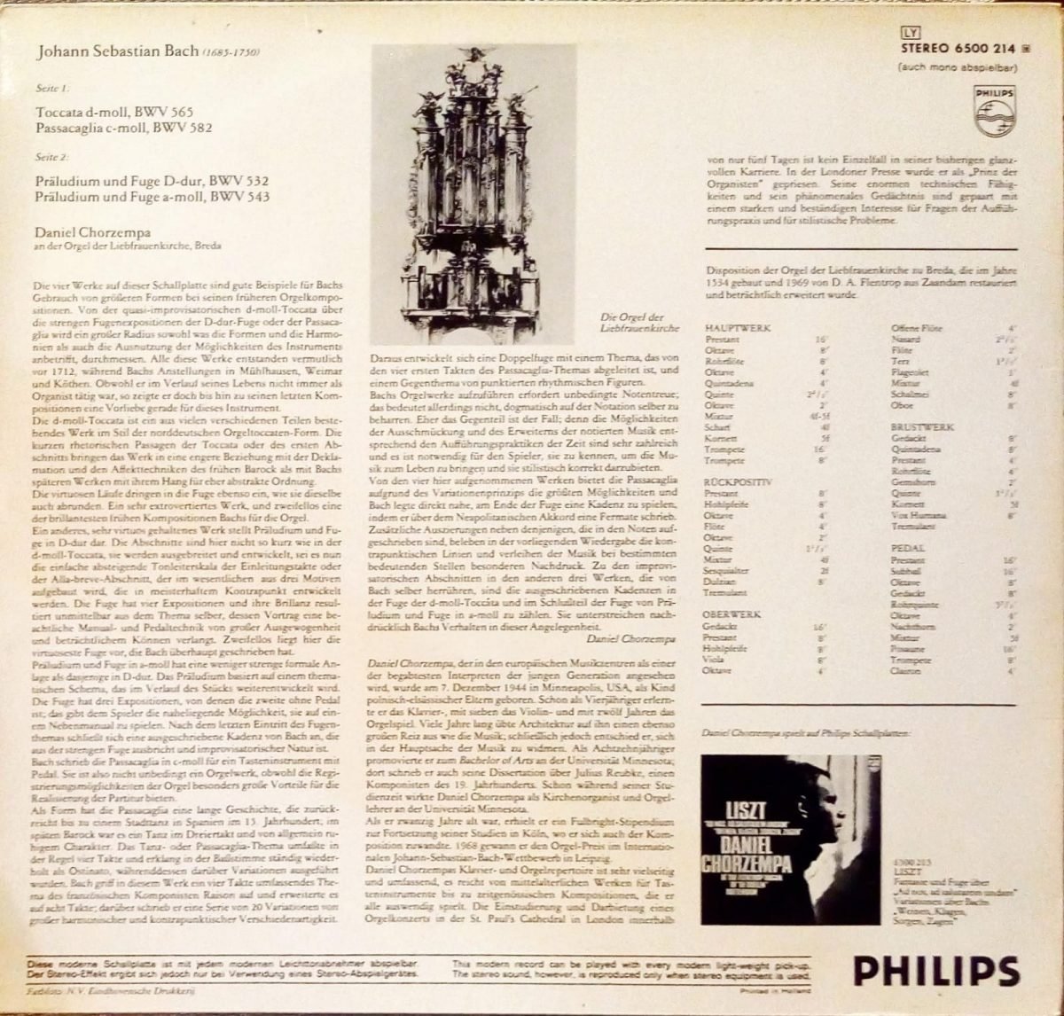 Bach, Daniel Chorzempa – BACH ORGELWERKE LP Plak - Görsel 2