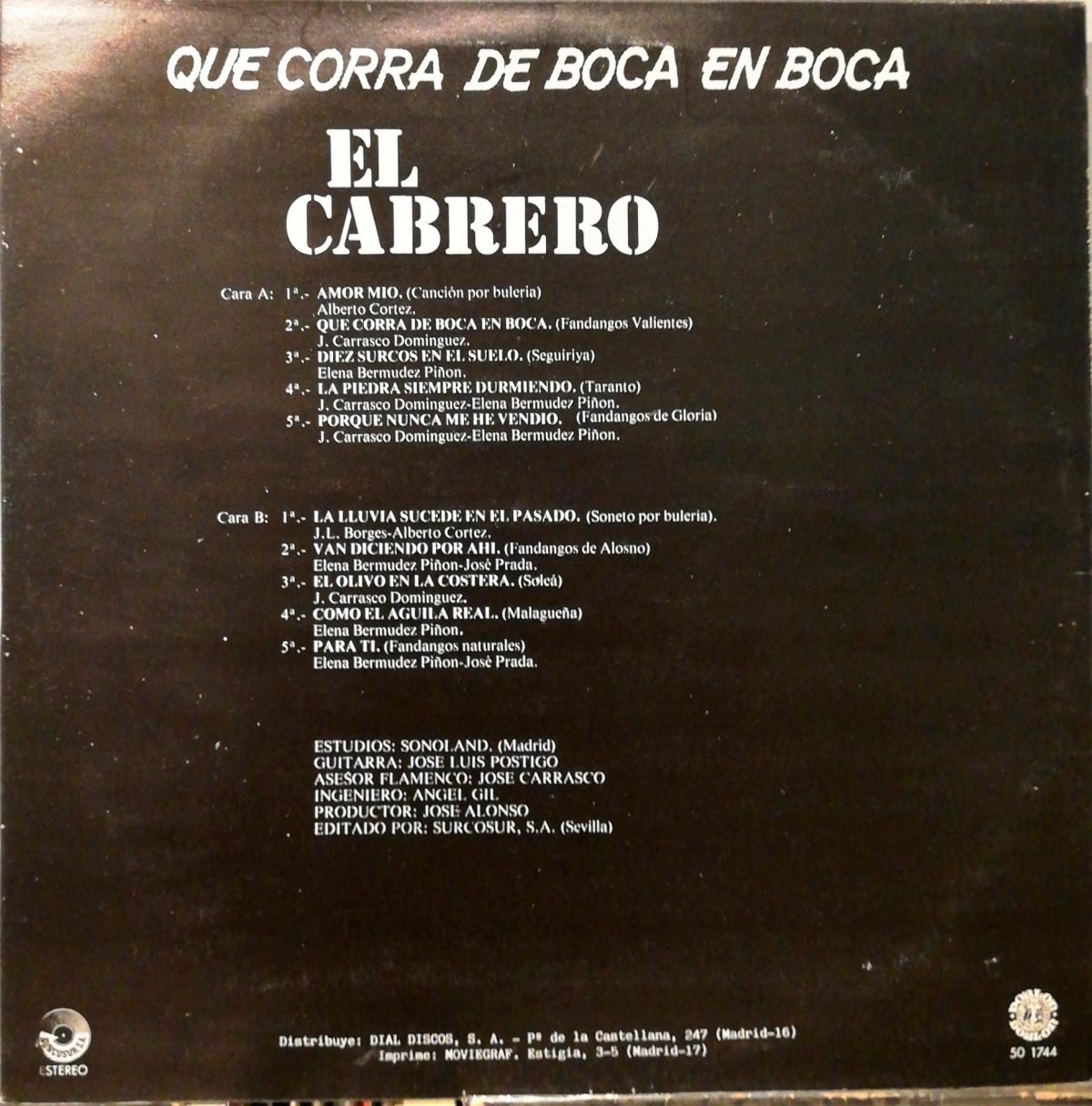 El Cabrero ‎– Que Corra De Boca En Boca LP Plak Flamenko - Görsel 2