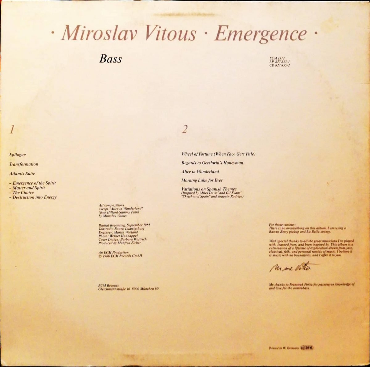 Miroslav Vitous – Emergence LP Plak - Görsel 3