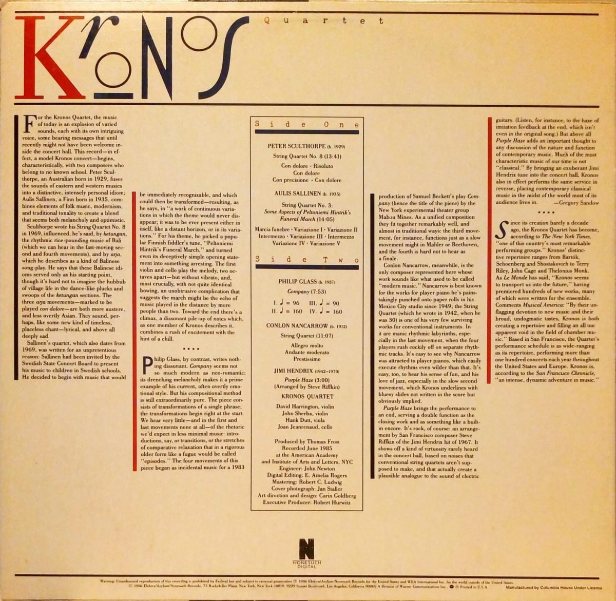 Kronos Quartet ‎– Music By Sculthorpe, Sallinen, Glass, Nancarrow & Hendrix LP Plak - Görsel 2