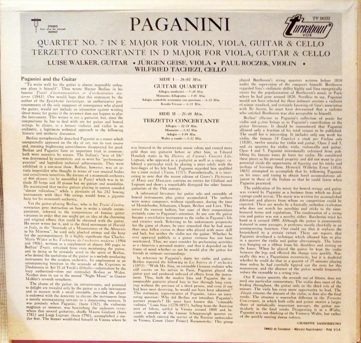 Paganini , Luise Walker – Quartet For Guitar, Violin, Viola & Cello / Terzetto Conceretante For Guitar, Viola & Cello LP Plak - Görsel 2
