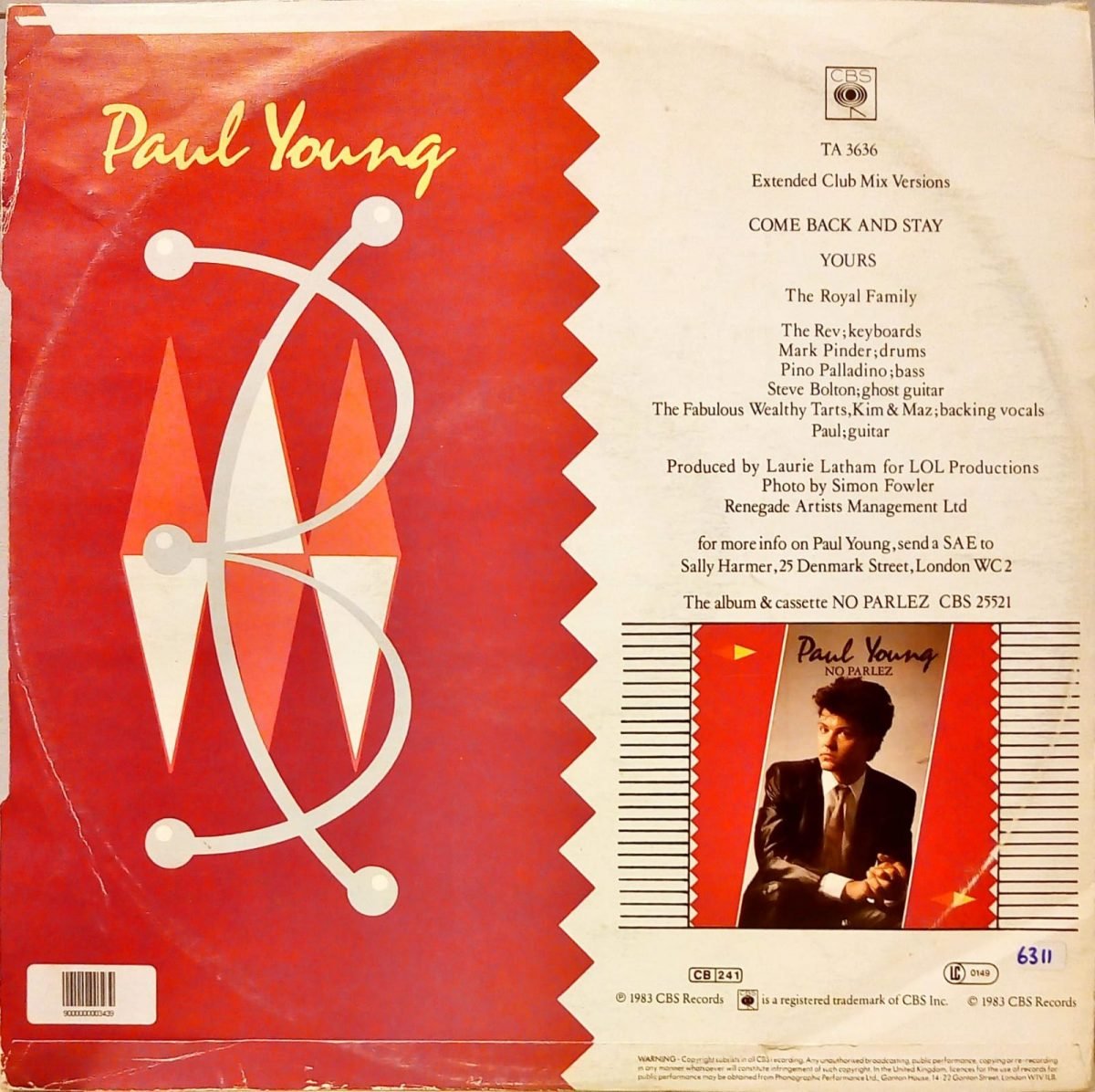 Paul Young – Come Back And Stay / Yours (Extended Club Mix Versions) 12'' Maxi Single Plak - Görsel 2
