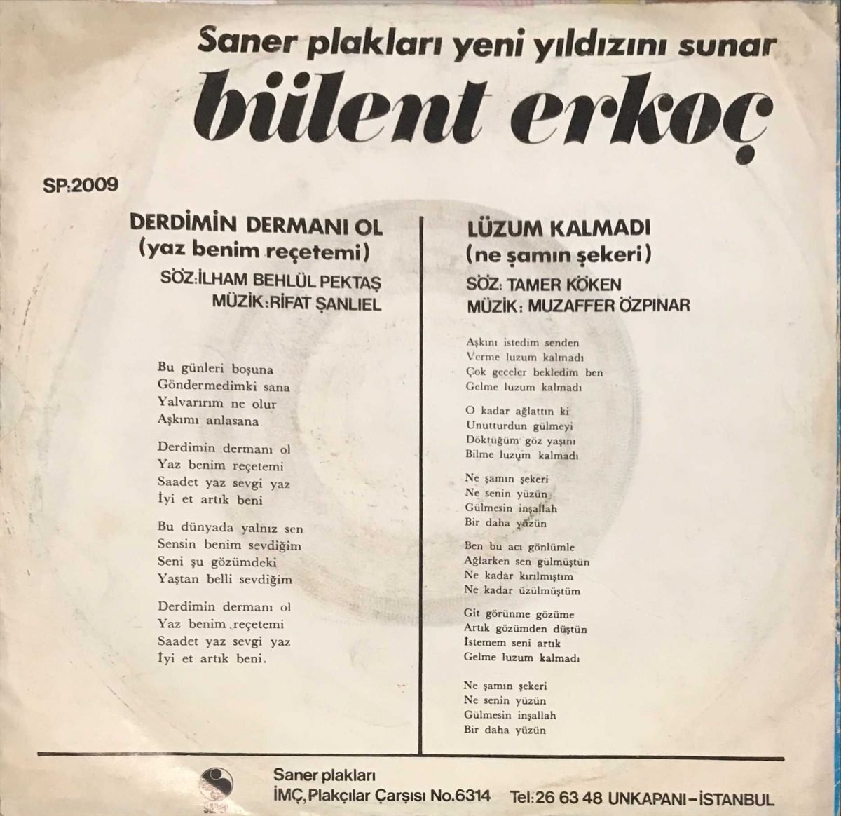 Bülent Erkoç ‎– Derdimin Dermanı Ol / Lüzum Kalmadı 45lik Plak - Görsel 2