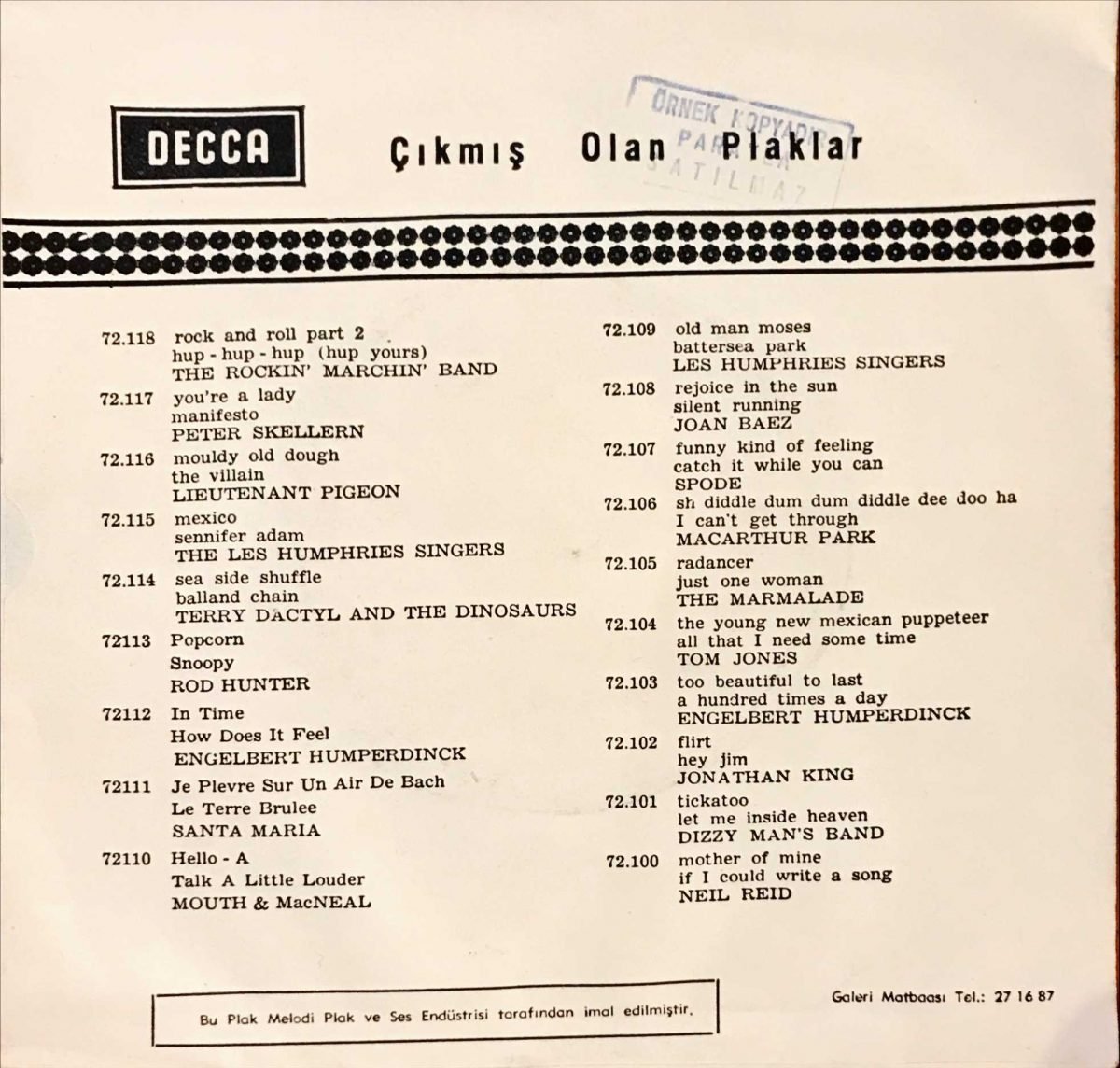 Terry Dactyl And The Dinosaurs – On A Saturday Night 45lik Plak (Türk Baskı) - Görsel 2