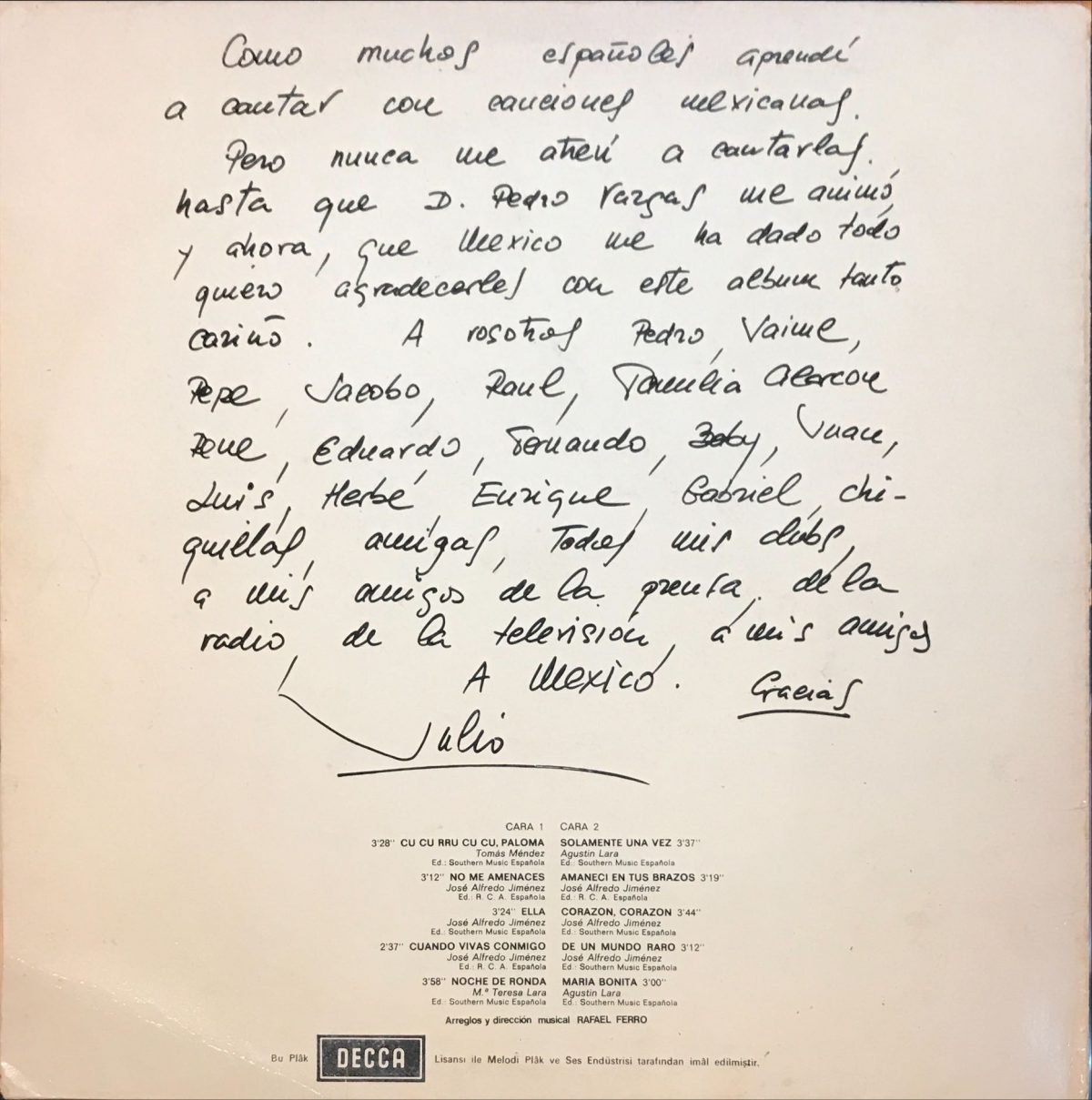 Julio Iglesias – A Mexico LP Plak - Görsel 2