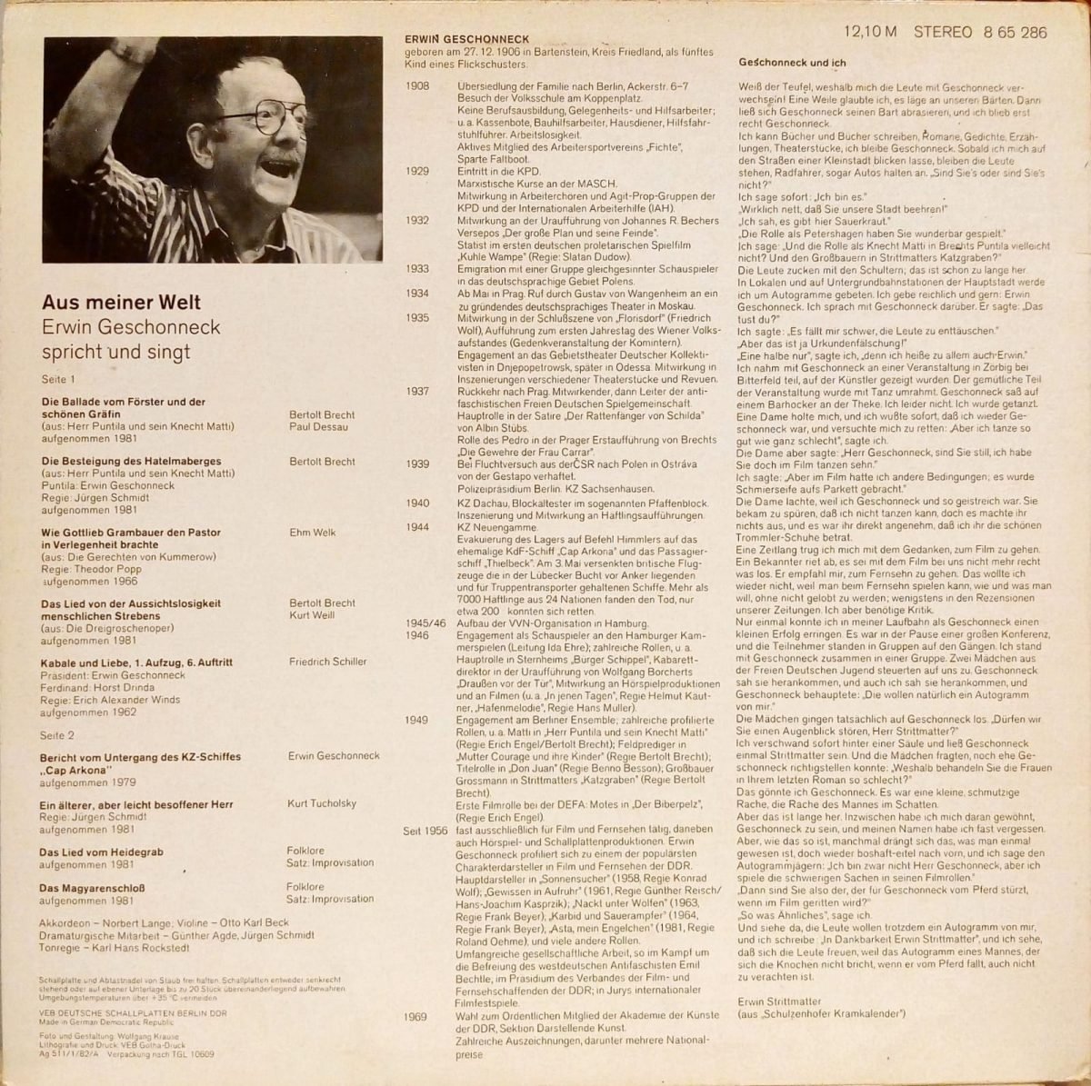 Erwin Geschonneck – Aus Meiner Welt - Erwin Geschonneck Spricht Und Singt LP Plak - Görsel 3