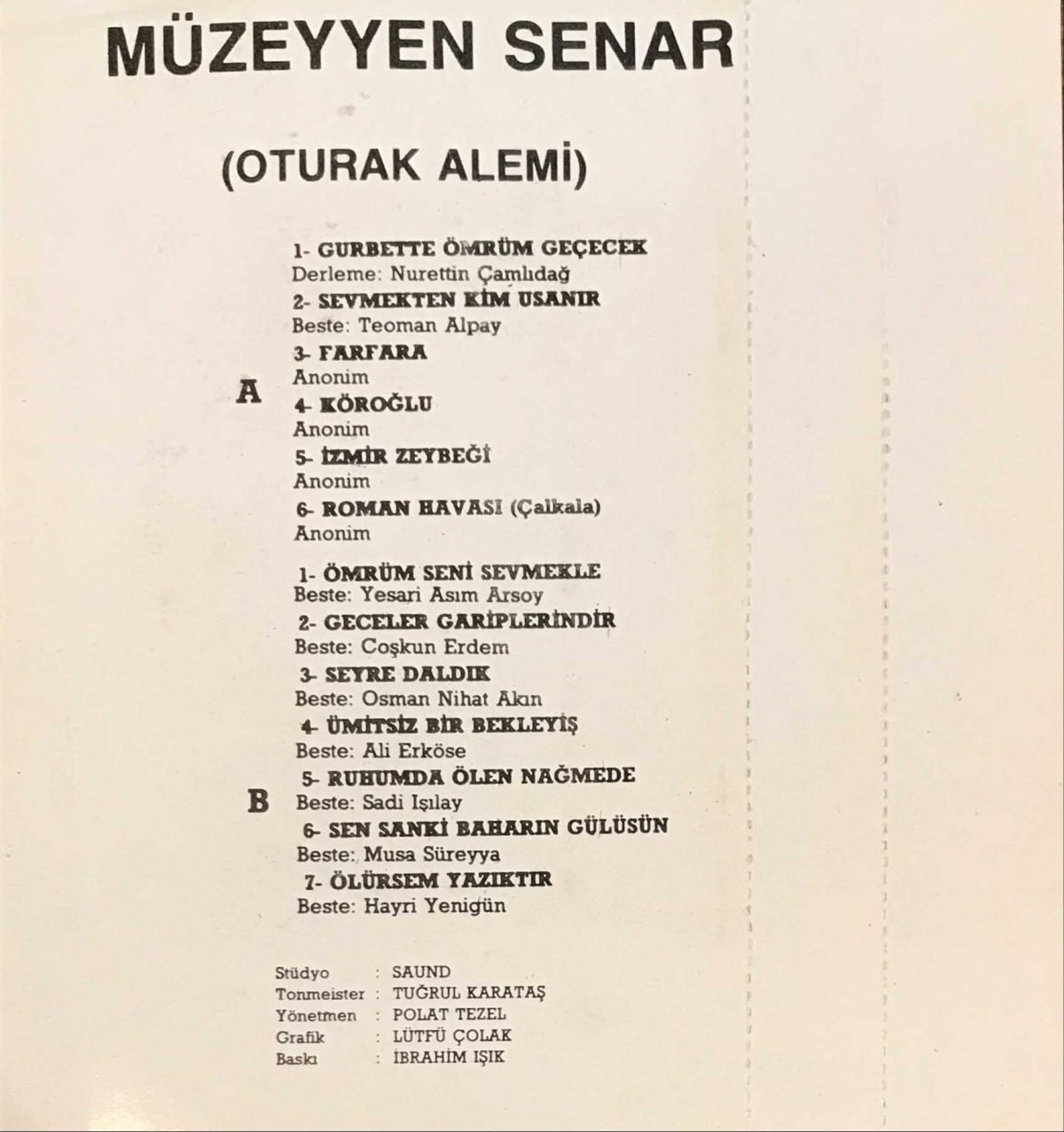 Müzeyyen Senar ‎– Çilingir Sofrası 1990 (Oturak Alemi) Kaset - Görsel 2