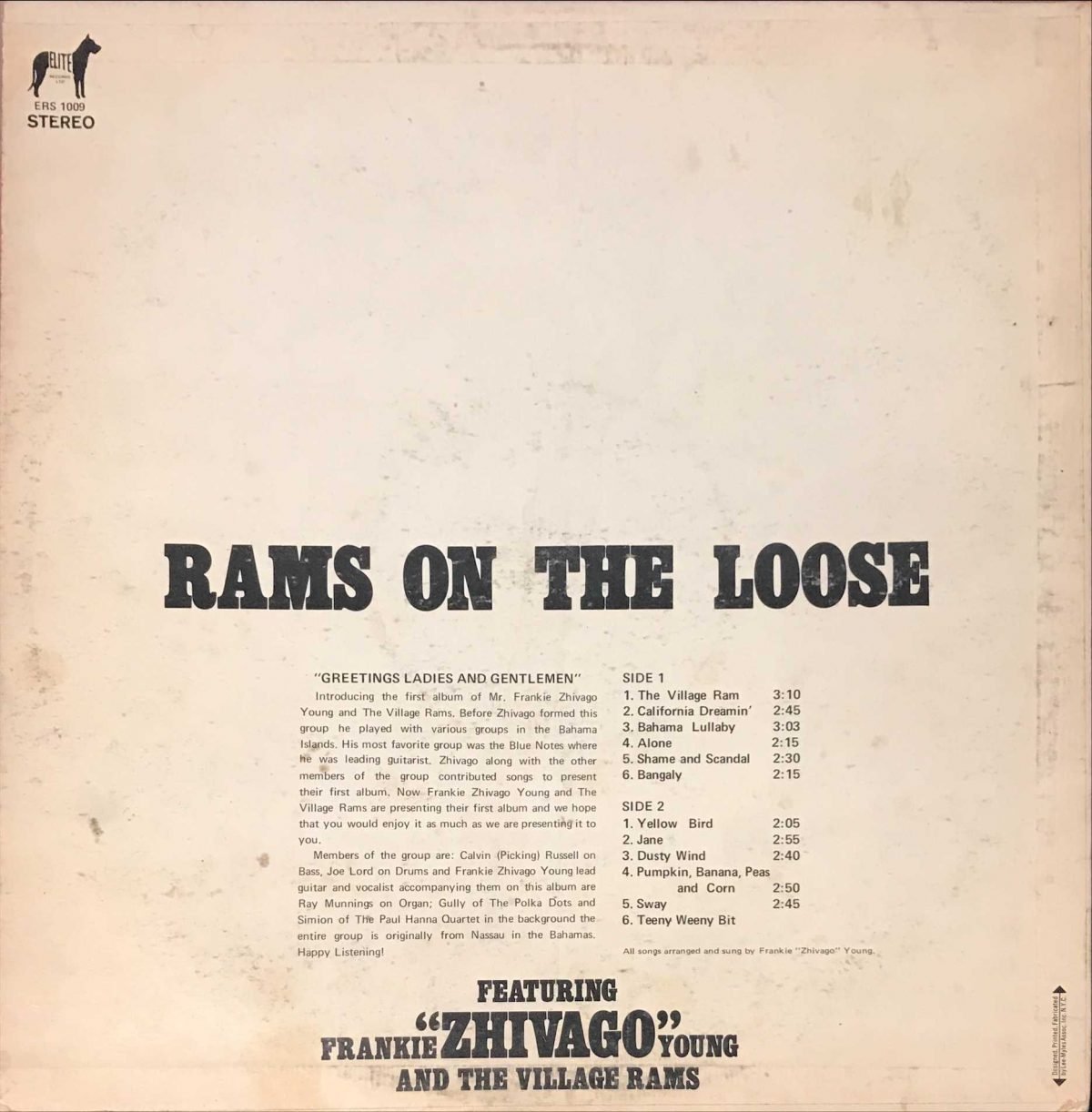 Frankie "Zhivago" Young And The Village Rams ‎– Rams On The Loose LP Plak - Görsel 2
