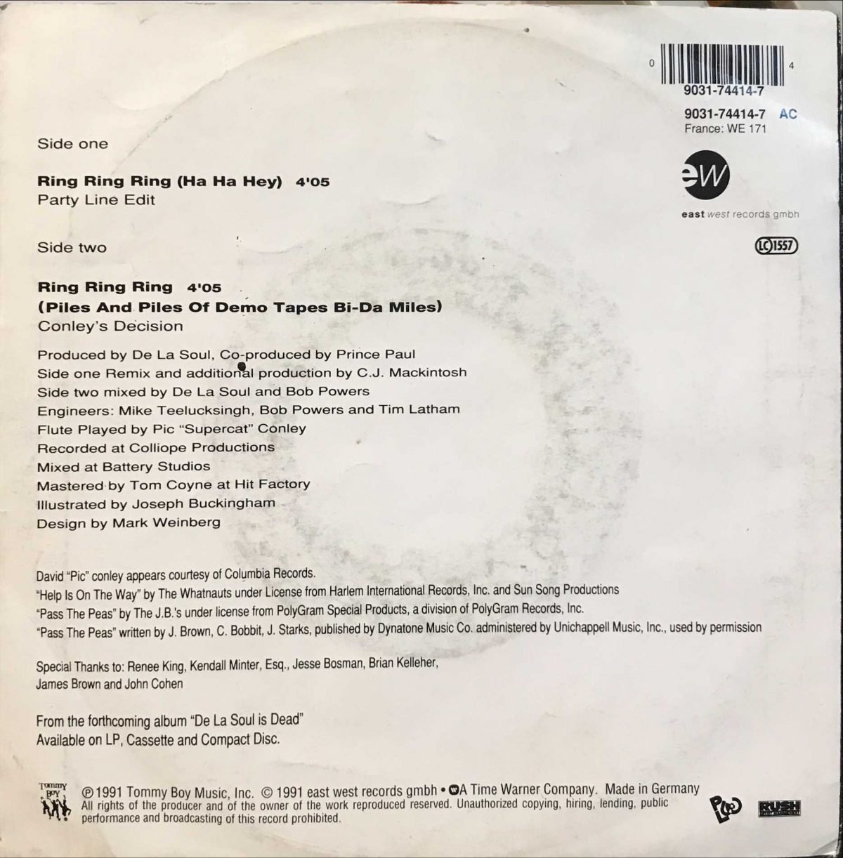 De La Soul ‎– Ring Ring Ring (Ha Ha Hey) 45lik Plak - Görsel 2
