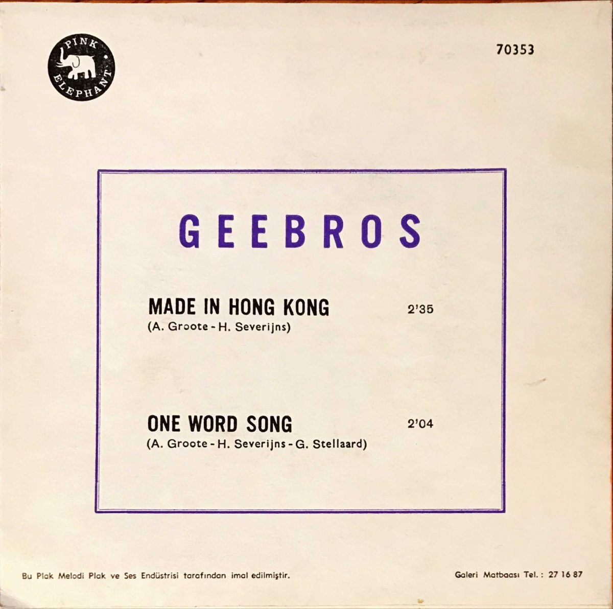 Gee Bros – Made In Hong Kong / One Word Song 45lik Plak (Türk Baskı) - Görsel 2