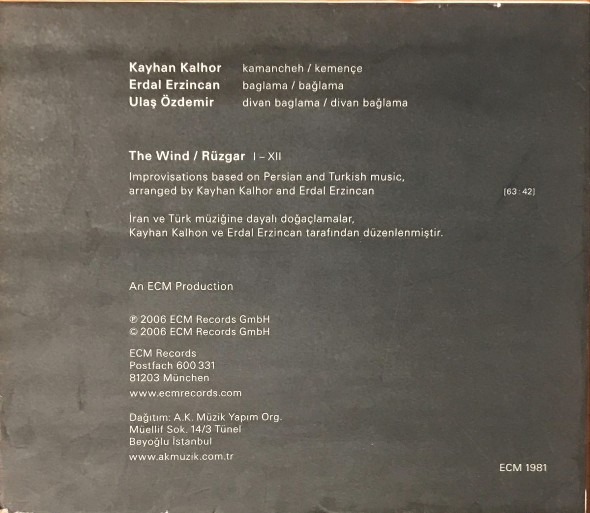 Kayhan Kalhor / Erdal Erzincan ‎– The Wind CD - Görsel 3