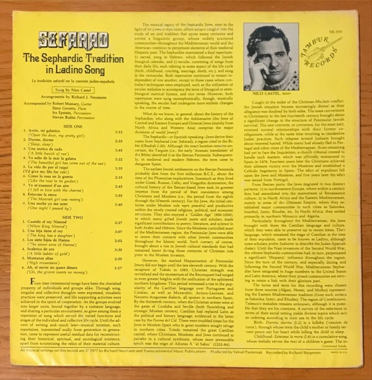 Nico Castel – Sefarad The Sepharadic Traditon in Ladino LP Plak - Görsel 2