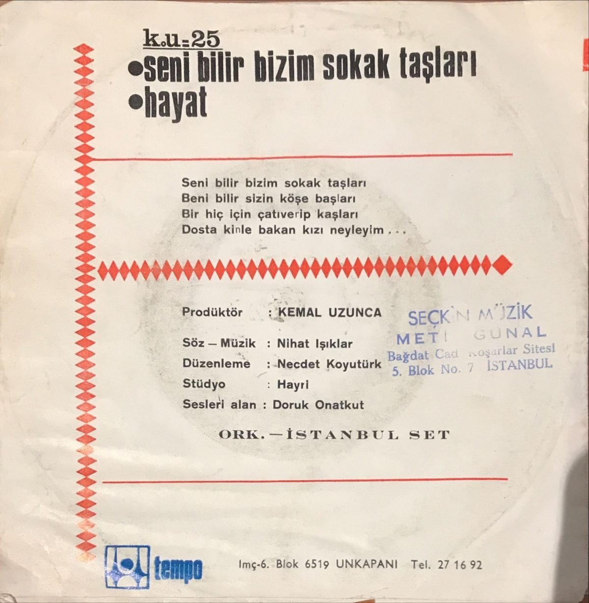 Nihat Işıklar – Seni Bilir Bizim Sokak Taşları / Hayat 45lik Plak - Görsel 2