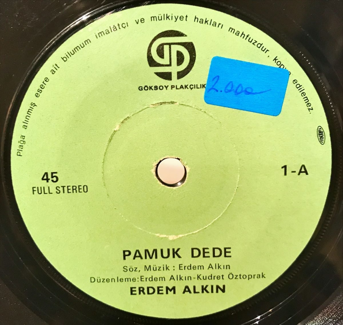 Erdem Alkın ‎– Pamuk Dede / Sana Susadım 45lik Plak - Görsel 3