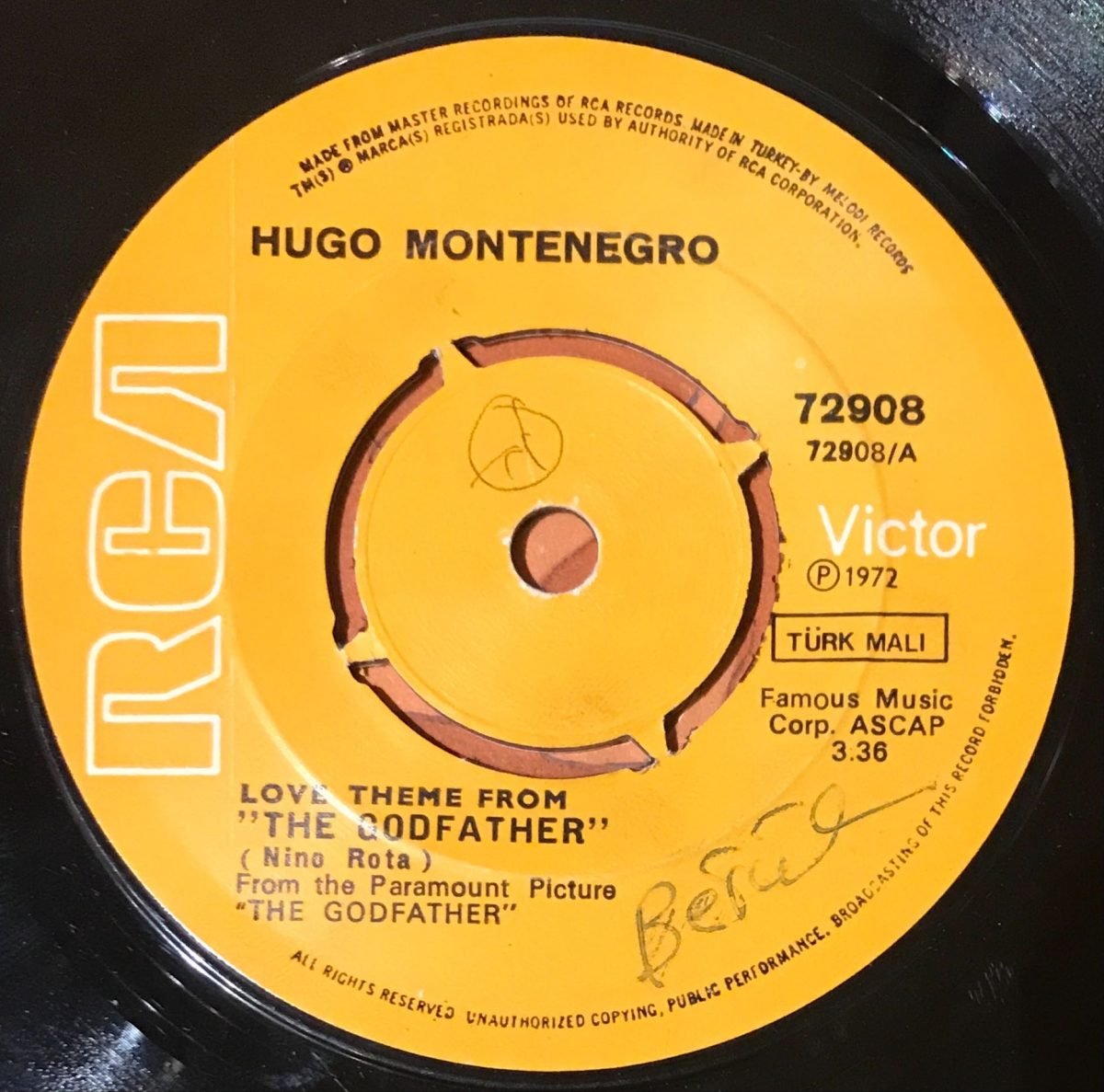 Hugo Montenegro ‎– Love Theme From "The Godfather" 45lik Plak (Türk Baskı) - Görsel 3