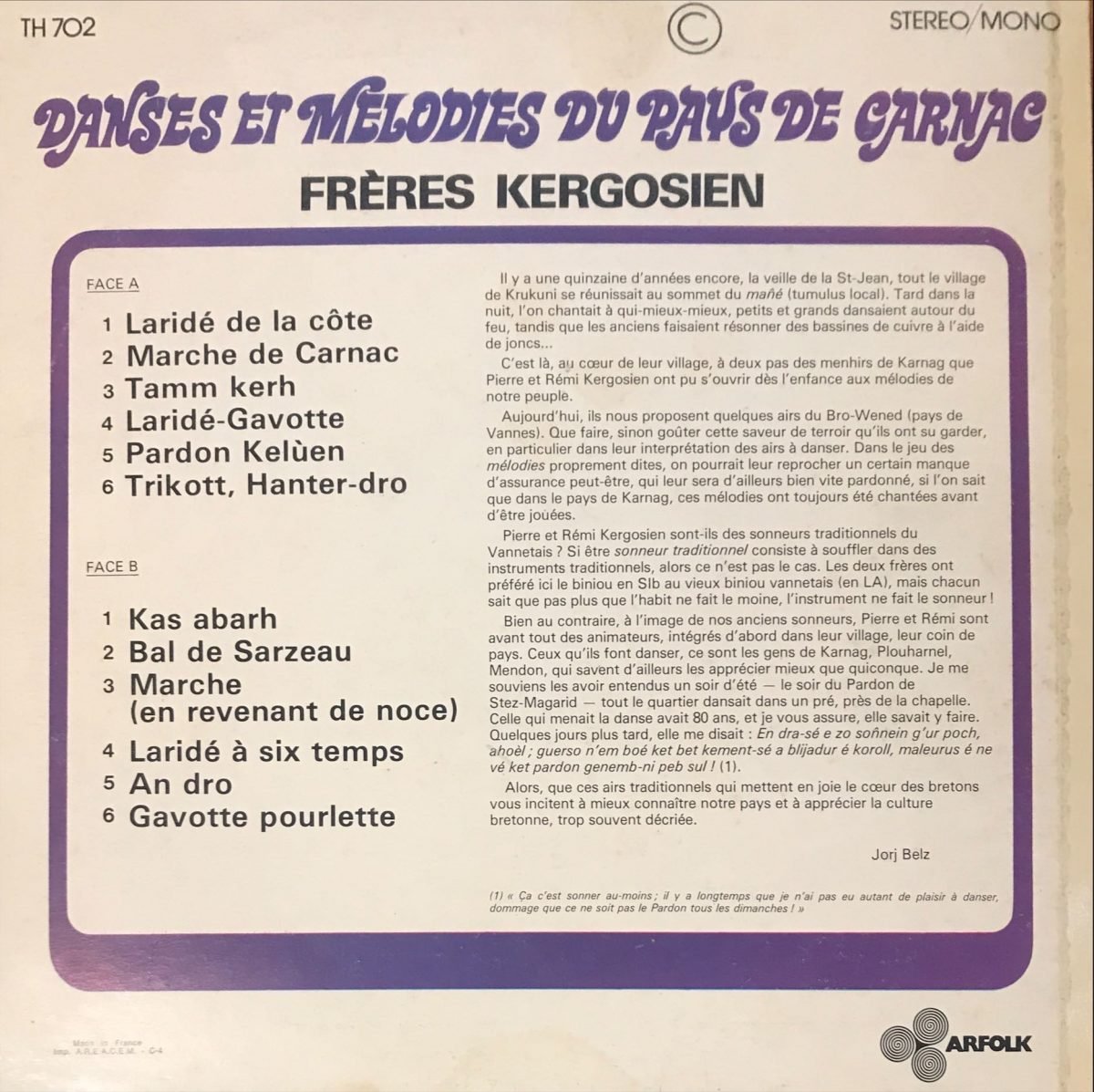 Frères Kergosien ‎– Danses Et Mélodies Du Pays De Carnac LP Plak - Görsel 2
