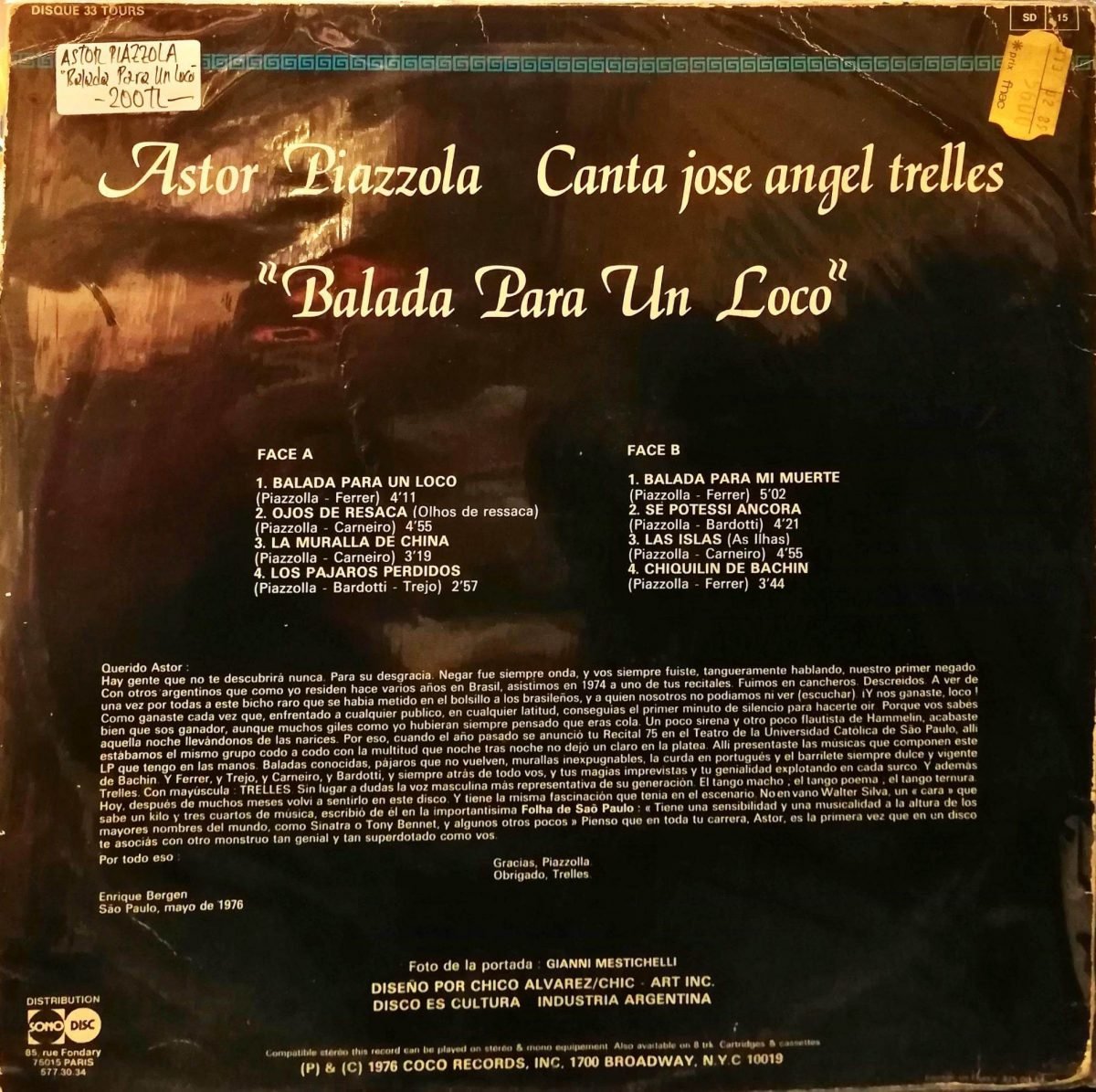 Astor Piazzolla , Canta José Angel Trelles – Balada Para Un Loco LP Plak - Görsel 2
