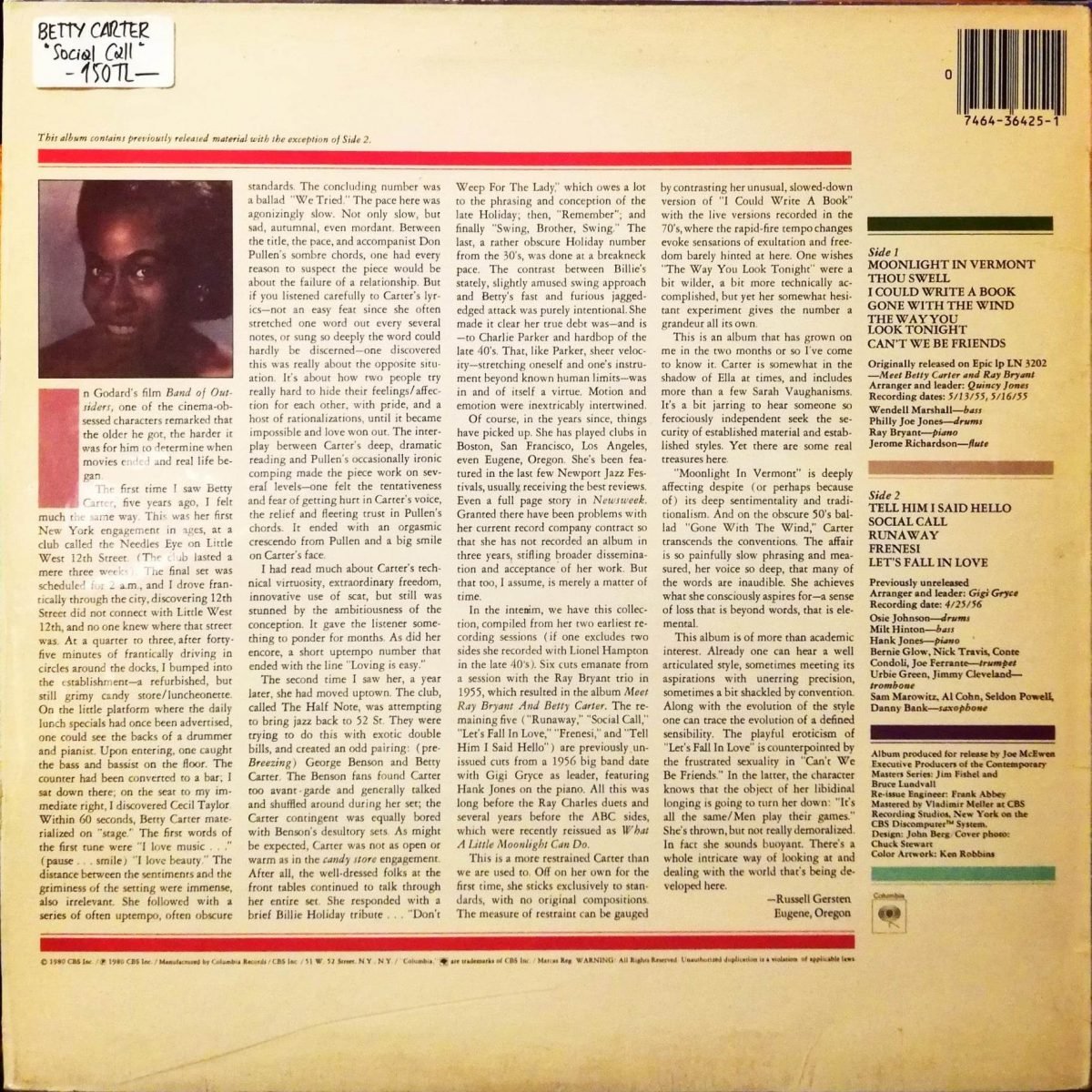 Betty Carter – Social Call LP Plak - Görsel 2
