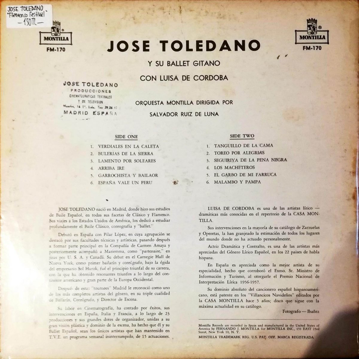 Jose Toledano And His Ballet Gitano – Flamenco Festival LP Plak - Görsel 2