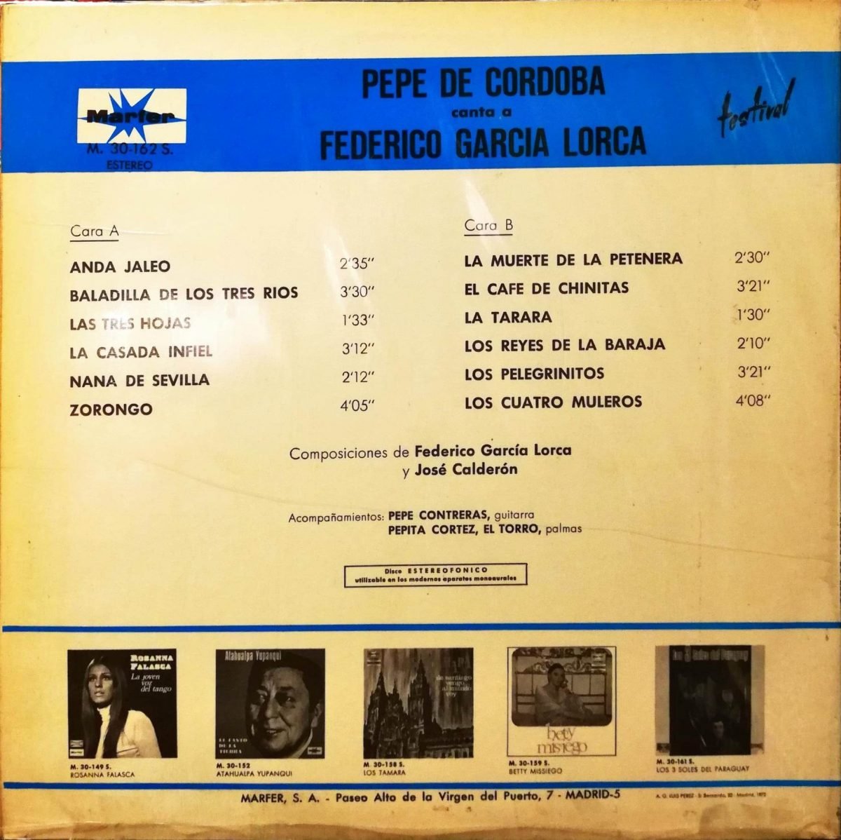 Pepe De Córdoba Canta A Federico García Lorca LP Plak (Flamenco) - Görsel 2