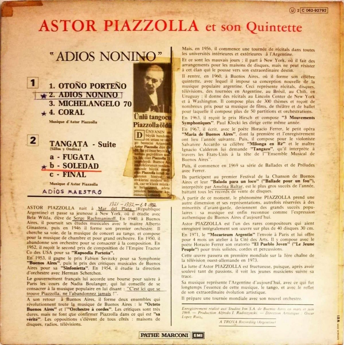 Astor Piazzolla Et Son Quintette – Adios Nonino LP Plak - Görsel 2