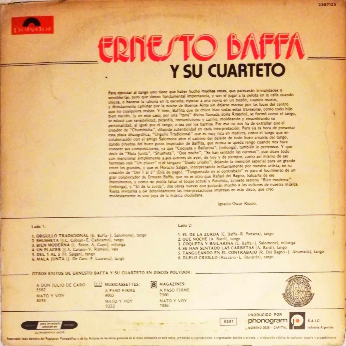 Ernesto Baffa ‎– Orgullo Tradicional LP Plak (Tango) - Görsel 3