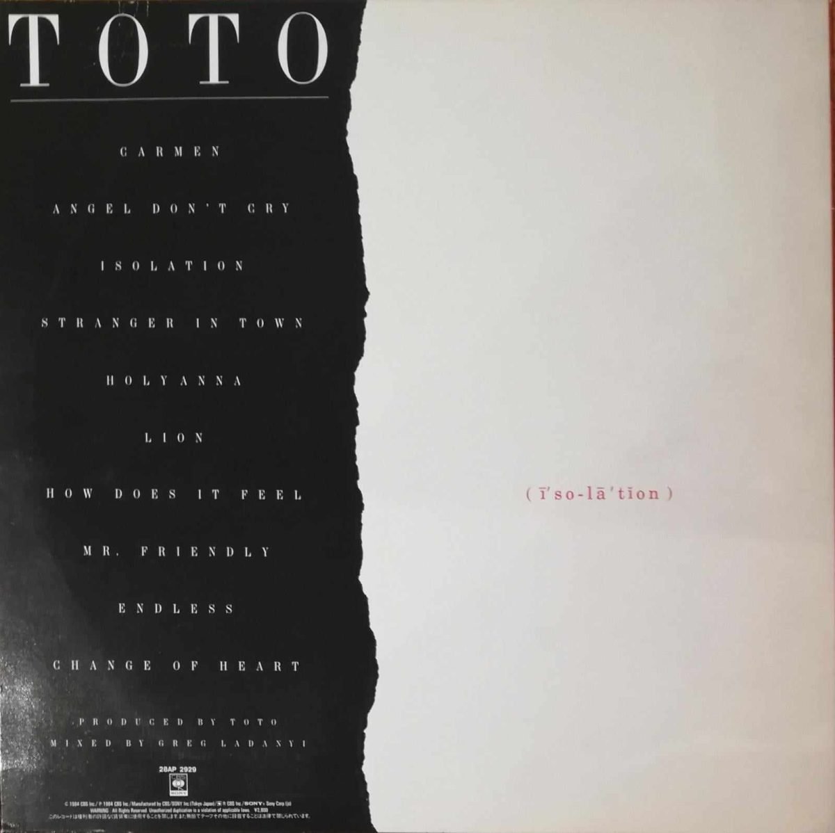 Toto – Isolation LP Plak Japon Baskı - Görsel 2