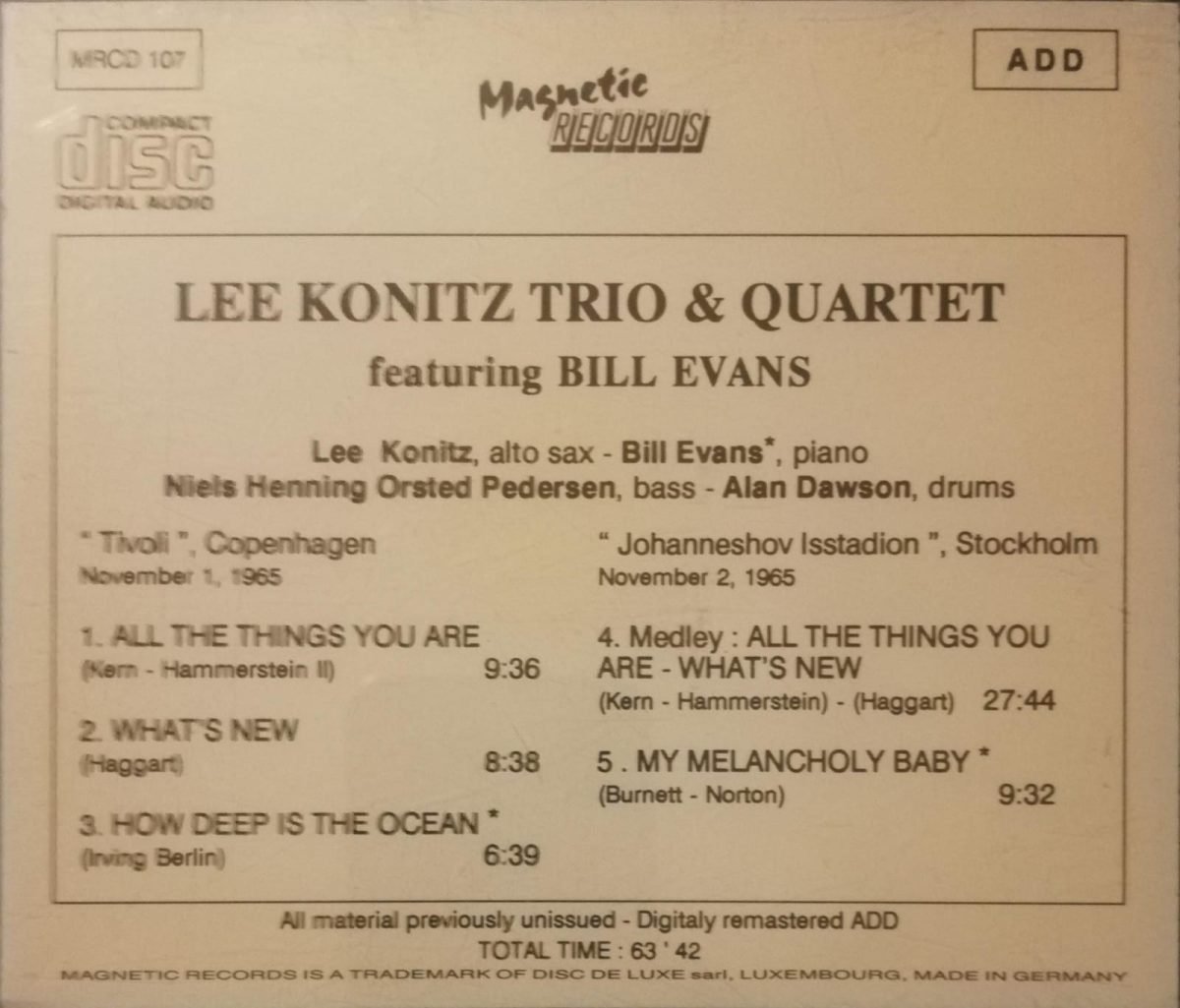 Lee Konitz Trio & Quartet Featuring Bill Evans CD - Görsel 3