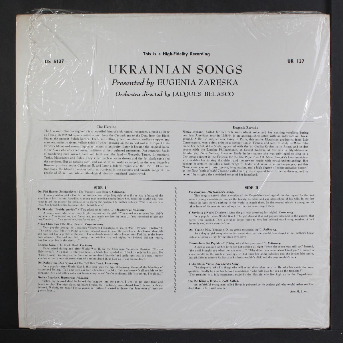 Eugenia Zareska – Ukrainian Songs LP Plak - Görsel 2