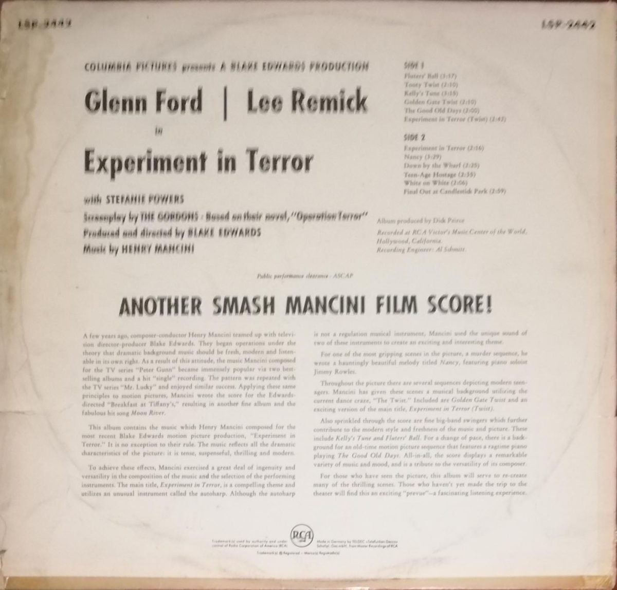 Henry Mancini – Experiment In Terror (Music From The Motion Picture) LP Plak - Görsel 2