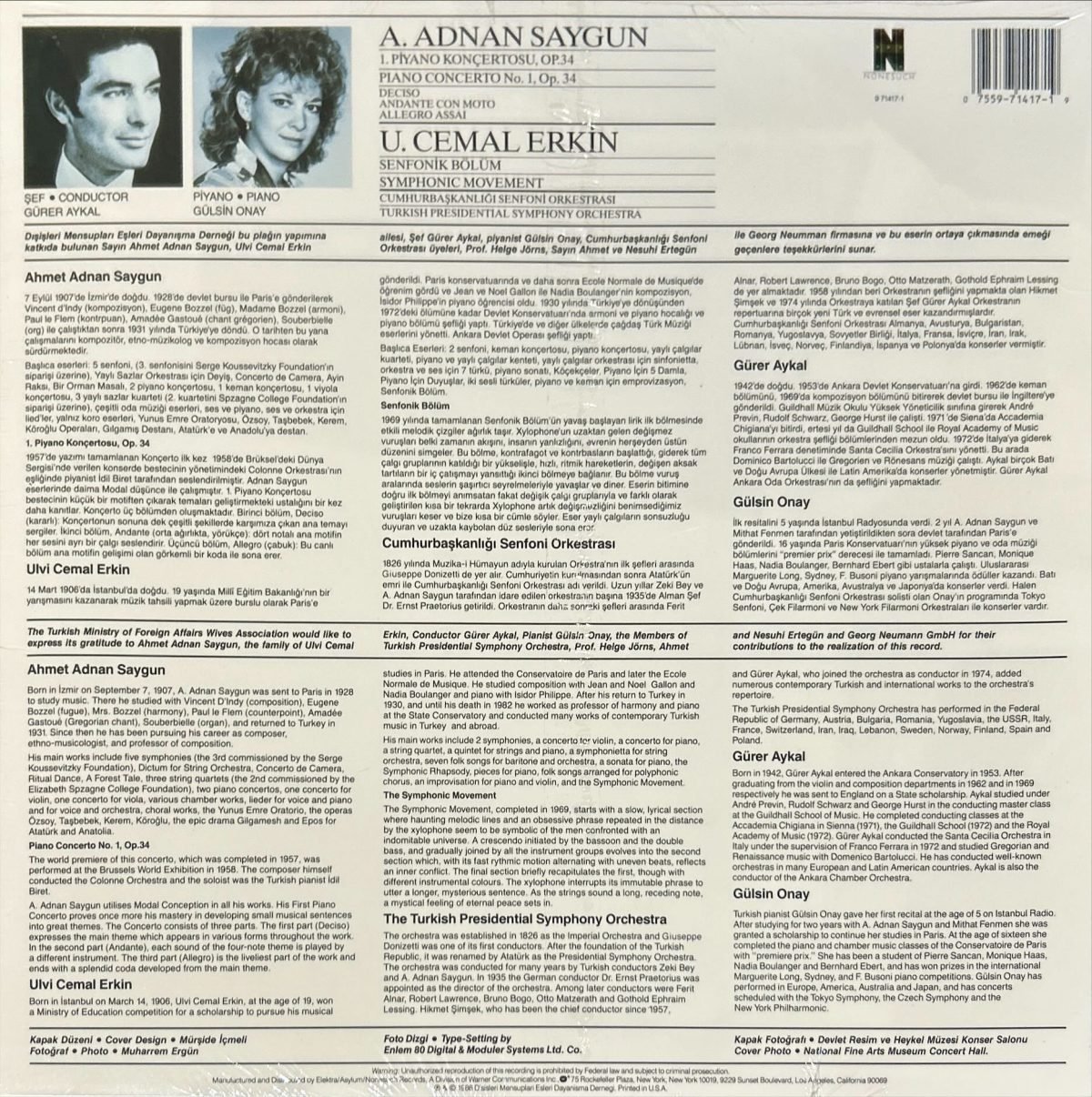 Ahmed Adnan Saygun & Ulvi Cemal Erkin ‎– 1. Piyano Konçertosu, Op. 34 / Senfonik Bölüm LP Plak - Görsel 2