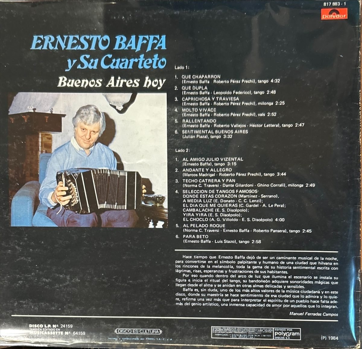 Ernesto Baffa Y Su Cuarteto – Buenos Aires Hoy LP Plak (Tango) - Görsel 2