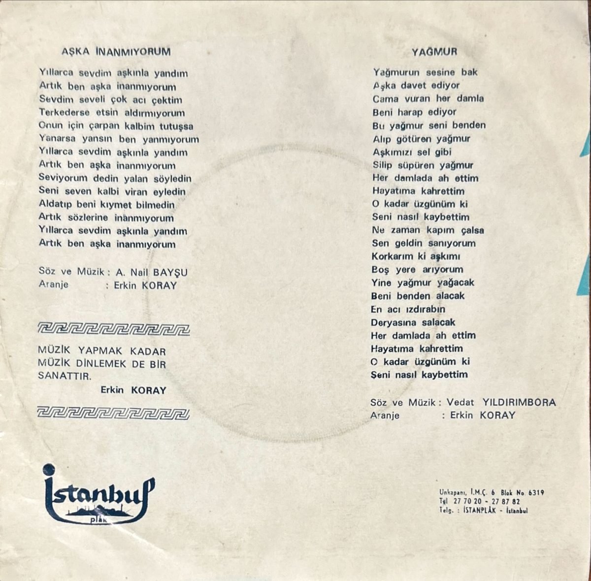 Erkin Koray ‎– Yağmur 45lik Plak - Görsel 2