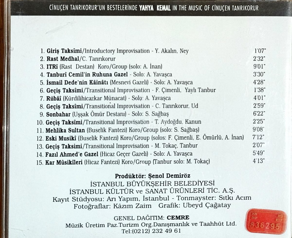 Çinuçen Tanrıkorur'Un Bestelerinde Yahya Kemal - Alaeddin Şensoy / Selma Sağbaş CD - Görsel 2