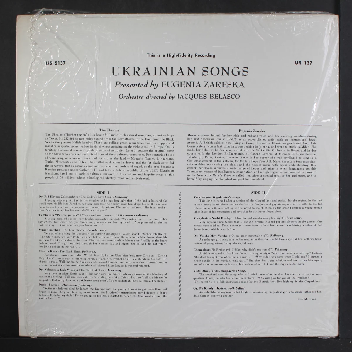 Eugenia Zareska – Ukrainian Songs LP Plak - Görsel 2
